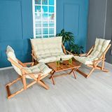 Reyo Ahşap Katlanabilir Taşınır Puf Minderli Kollu Şezlong Plaj Bahçe Teras Balkon Sandalyesi Koltuğu Takimi 4 Lü Set Krem