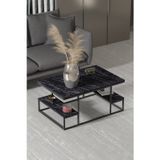 Reyo Falez Deluxe Raflı Orta Sehpa 60X90 cm Modern Dikdörtgen Orta Sehpa Siyah Mermer Desen