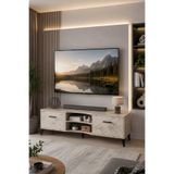 Reyo Falez Vera tv Sehpası 160X35X50 cm Çok Amaçlı Televizyon Ünitesi Raflı Dolaplı Salon Oturma Odası 5056 Traverten
