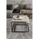 Reyo Modern Mermer Desenli İç İçe Geçen Sehpa Seti, Metal Ayaklı, 65x65 cm ve 60x60 cm, Krem ve Siyah