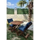 Reyo Premium 3'lü Ahşap Balkon Bahçe Seti – Minderli Katlanır Bistro Masa Sandalye Ceviz/lacivert - Paket İçeriği: 1 Adet Katlanabilir Kare Masa + 2 Adet Katlanabilir Sandalye
