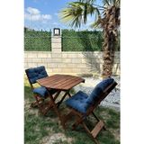 Reyo Premium 3'lü Ahşap Balkon Bahçe Seti – Minderli Katlanır Bistro Masa Sandalye Ceviz/lacivert