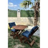 Reyo Premium Katlanır Ahşap Bistro Seti, 3'lü, Masif Ahşap, Minderli, Balkon ve Bahçe için, Ceviz/Lacivert, Masa ve Sandalye