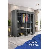 Reyo Teknor Metal Çift Askılı Bez Dolap Gri 150x160x40 cm – Geniş Hacimli Portatif Gardırop, Raflı Kumaş Dolap, Fermuarlı Elbise Düzenleyici