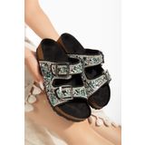 Reyonda ayakkabı Kadın Doğal Taşlı Siyah Çift Tokalı Deniz Taşlı Ortopedik Terlik