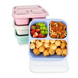 RFSLDUN 3 Bölmeli Atıştırmalık Kapları, 4 Paket Yeniden Kullanılabilir Buğday Bento Atıştırmalık Kutuları, İş, Seyahat için İstiflenebilir Bölünmüş Gıda Yemek Hazırlama Kapları (Yeşil/Mavi/PK/Bej, 3
