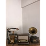 R&G Bluetooth, Usb, Fm Radyo Özellikli Nostaljik Radyo+Dekoratif Metal Telefon+Dekoratif Metal Gramofon - Koyu Kahverengi