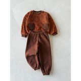 RG Brand Kız / Erkek Bebek Cep Detaylı Peluş Sweatshirt - Eşofman 2'li Takım_RG356 - Kahverengi - 2 - 3 Yaş