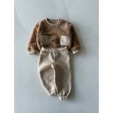 RG Brand Kız / Erkek Bebek Cep Detaylı Peluş Sweatshirt - Eşofman 2'li Takım_RG356 - Taş - 12 - 18 Ay