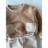 RG Brand Kız / Erkek Bebek Cep Detaylı Peluş Sweatshirt - Eşofman 2'li Takım_RG356 - Taş - 9 - 12 Ay