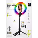 RGB Halka Işık Uzun Tripod Selfie Çubuğu 1.9m-1200 mAh Şarjlı Kumandalı Ring Light Telefon Tutucu
