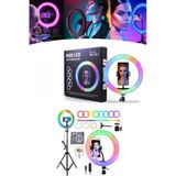 Rgb Işıklı 26 Cm 10 İnç Çok Renkli Led Ring Light 2.1m Tripot Youtube Tiktok Make Up Çekim Işığı Siyah