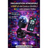 Rgb Led Disko Topu Usb Şarjlı Projeksiyon Işığı 360° Döner Renkli Parti Atmosfer Lambası