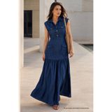 Rhen Store Lacivert Cep Detaylı Kolsuz Denim Maxi Elbise