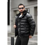 Rhones Yaka ve Eteği Kürklü Kışlık Şişme Deri Mont - Siyah - Siyah - 2XL