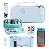 RHOTALL Cute Carrying Travel Case for Nintendo Switch ,Blue Strap,Scratch Shockproof Slim Cover Case ,Screen Protectors and 2 Thumb Grip caps- Blue dog