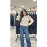 Ribana Classic Kadın Açık Dikiş Örgü Model Uzun Kollu Standart Beden Ajurlu Crop Triko Kazak 4828 - Ekru