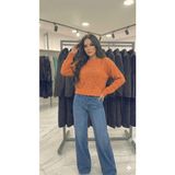 Ribana Classic Kadın Açık Dikiş Örgü Model Uzun Kollu Standart Beden Ajurlu Crop Triko Kazak 4828 - Turuncu