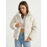 Ribana Classic Kadın Ekru Yüksek Yaka Trend Astarlı Kuzu Şişme Peluş Kumaş Kısa Mont 2283 - 36