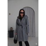 Ribana Classic Kadın Kapüşonlu Balık Sırtı Desenli Astarlı Belden Bağlamalı Oversize Kaşe Kaban D99852 - 36 - Antrasit