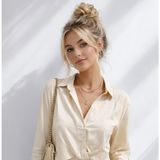 Ribana Classic Kadın Uzun Kol Kruvazr Yaka Basic Beli Lastik Detaylı Saten Crop Gömlek Bluz - XL - Bej