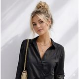 Ribana Classic Kadın Uzun Kol Kruvazr Yaka Basic Beli Lastik Detaylı Saten Crop Gömlek Bluz - XL - Siyah