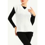 Ribana Classic Kadın V Yaka Oversize Basic Kare Desenli Fitilli Triko Kazak - 6542 - Beyaz - Standart