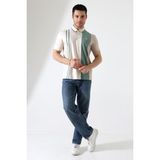 ribana Erkek Çizgili Şerit Detaylı Pamuklu Polo Yaka T-Shirt - Ekru