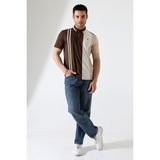 ribana Erkek Çizgili Şerit Detaylı Pamuklu Polo Yaka T-Shirt - Kahverengi - 2XL