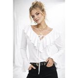 ribana Kadın V Yaka Fırfır Detaylı Uzun Kollu Crop Trend Bluz 979 - Beyaz - 40