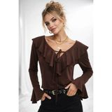 ribana Kadın V Yaka Fırfır Detaylı Uzun Kollu Crop Trend Bluz 979 - Kahverengi - 36
