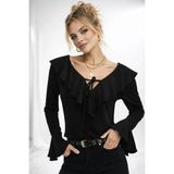 ribana Kadın V Yaka Fırfır Detaylı Uzun Kollu Crop Trend Bluz 979 - Siyah - 36