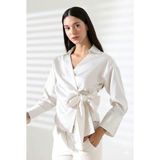 ribana Saten Kruvaze Yaka Yandan Bağlamalı Gömlek Bluz - 2XL - Beyaz Gold