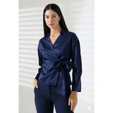 ribana Saten Kruvaze Yaka Yandan Bağlamalı Gömlek Bluz - 2XL - Koyu Lacivert