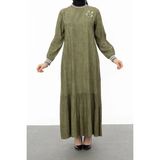 Ribanalı Eteği Büzgülü Elbise - Haki - 2XL