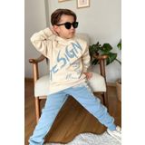Riccotarz Erkek Çocuk Çift Baskılı Respect Design Yazı Şardonlu Buz Mavisi Eşofman Takım