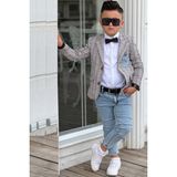Riccotarz Erkek Çocuk Çizgili Blazer Ceket Kot Pantolon Gri Alt Üst Takım - 7 - 8 Yaş