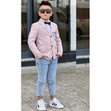 Riccotarz Erkek Çocuk Çizgili Blazer Ceket Kot Pantolon Pudra Şeker Alt Üst Takım - Pembe - 11 - 12 Yaş