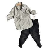 Riccotarz Erkek Çocuk Çizgili Keten Gömlek Siyah Jean Pantolon Alt Üst Takım - 6 - 7 Yaş