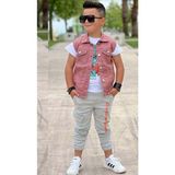 Riccotarz Erkek Çocuk Kaplan Detaylı T-Shirt Sırt Baskılı Kolsuz Pudra Jean Ceket Kargo Cepli Alt Üst Takım - 7 - 8 Yaş