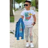Riccotarz Erkek Çocuk Kaplan Detaylı T-Shirt Sırt Baskılı Mavi Jean Ceket Kargo Cepli Alt Üst Takım - 3 - 4 Yaş