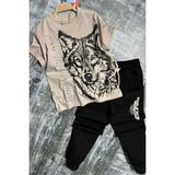 Riccotarz Erkek Çocuk Kara Kalem Kurt ve Yazı Baskılı Kahverengi T-Shirt Eşofman Takım - 5 - 6 Yaş