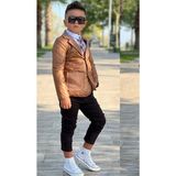 Riccotarz Erkek Çocuk Klasik Gömlek Kravatlı Kapitone Taba Mont Slim Pantolon Kesim Pantolon Alt Üst Takım - 3 - 4 Yaş