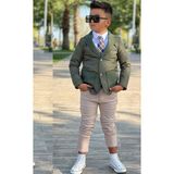 Riccotarz Erkek Çocuk Klasik Gömlek Kravatlı Kapitone Yeşil Mont Slim Pantolon Kesim Pantolon Alt Üst Takım - 7 - 8 Yaş