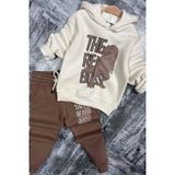 Riccotarz Erkek Çocuk Önü Yazı Ve Dino Baskılı Kapşonlu Sweatshirt 3 İplik Kahverengi Eşofman Takım