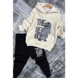 Riccotarz Erkek Çocuk Önü Yazı Ve Dino Baskılı Kapşonlu Sweatshirt 3 İplik Siyah Eşofman Takım