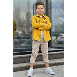 Riccotarz Erkek Çocuk Sırt Baskılı Çıtçıt Düğmeli Sarı Gömlek Dar Kesim Pantolon Alt Üst Takım - 7 - 8 Yaş