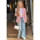 Riccotarz Kız Çocuk Baskılı T-Shirt Bol Kesim Yıldız Detaylı Jean Pantolon Pudra Blazer Ceket Alt Üst Takım - 5 - 6 Yaş