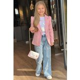 Riccotarz Kız Çocuk Baskılı T-shirt Bol Kesim Yıldız Detaylı Jean Pantolon Pudra Blazer Ceket Alt Üst Takım