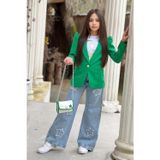 Riccotarz Kız Çocuk Baskılı T-shirt Bol Kesim Yıldız Detaylı Jean Pantolon Yeşil Blazer Ceket Alt Üst Takım